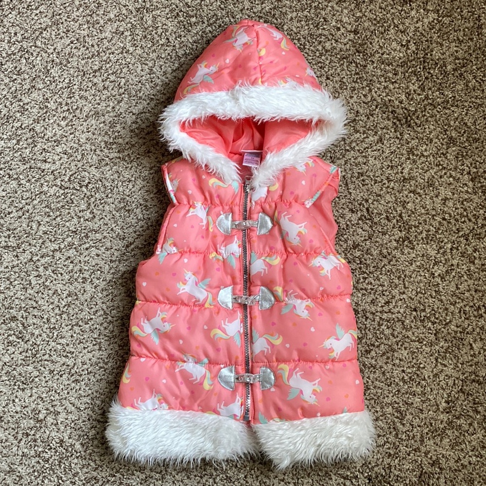 Little Lass Faux Fur Trim Unicorn Hoodie Puffer Vest